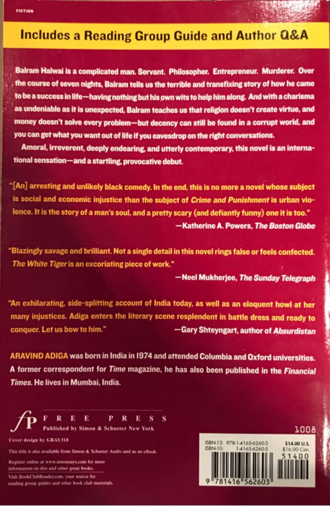 White Tiger - Aravind Adiga (Free Press - Paperback) book collectible [Barcode 9781416562603] - Main Image 2