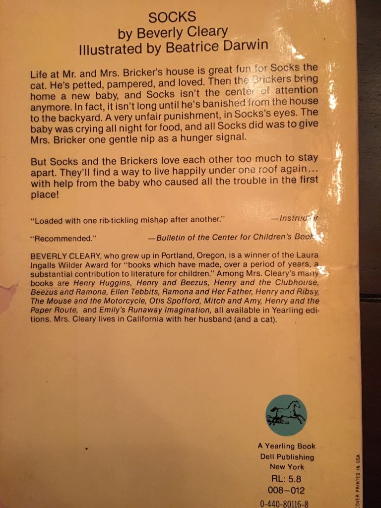 Socks - Beverly Cleary (Yearling - Paperback) book collectible [Barcode 9780440482567] - Main Image 2