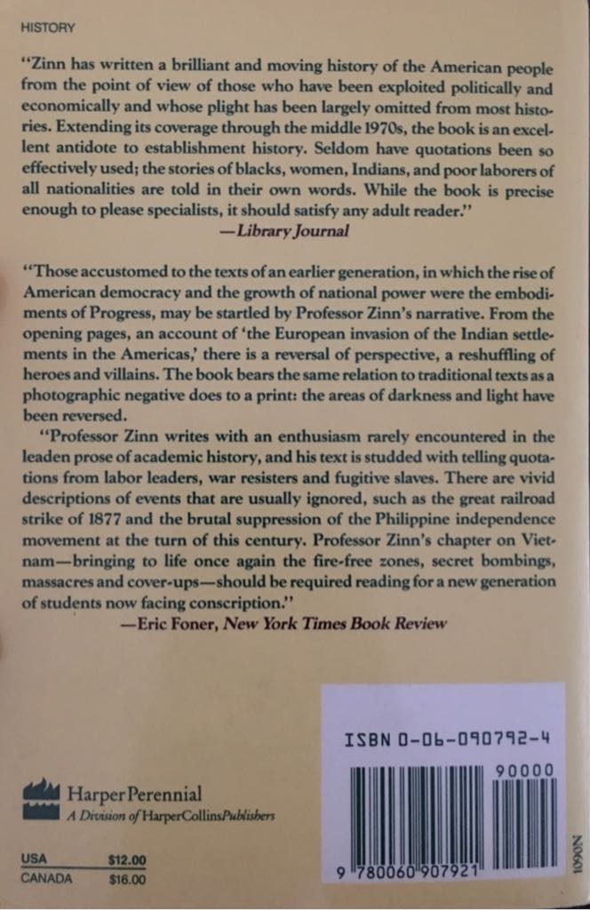 A Peoples History Of The United States - Howard Zinn (HarperPerennial - Paperback) book collectible [Barcode 9780060907921] - Main Image 2
