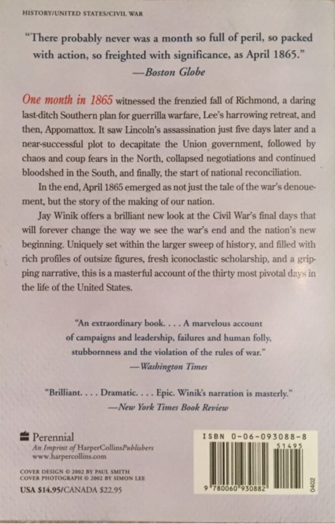 April 1865: The Month That Saved America - Jay Winik (Harper Collins - Trade Paperback) book collectible [Barcode 9780060930882] - Main Image 2