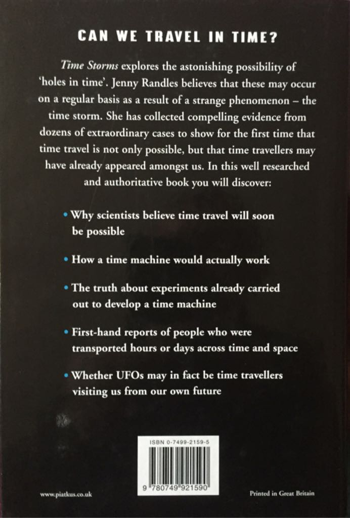 Time Storms - Jenny Randles (Piatkus Books - Hardcover) book collectible [Barcode 9780749921590] - Main Image 2