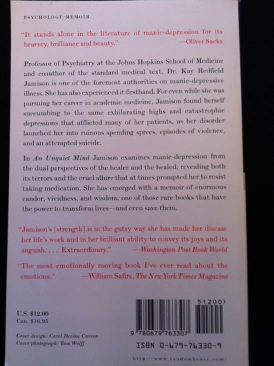 Unquiet Mind: A Memoir of Moods and Madness, An - Kay Redfield Jamison (Vintage - Paperback) book collectible [Barcode 9780679763307] - Main Image 2