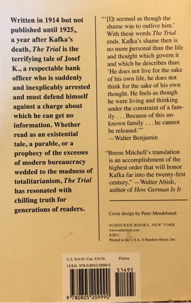 The Trial - Franz Kafka (Schocken Books - Paperback) book collectible [Barcode 9780805209990] - Main Image 2