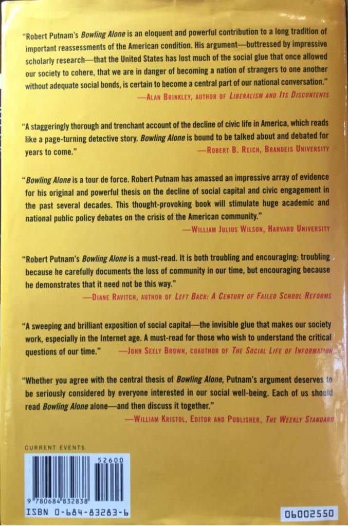 Bowling Alone - Robert D. Putnam (Simon & Schuster - Hardcover) book collectible [Barcode 9780684832838] - Main Image 2