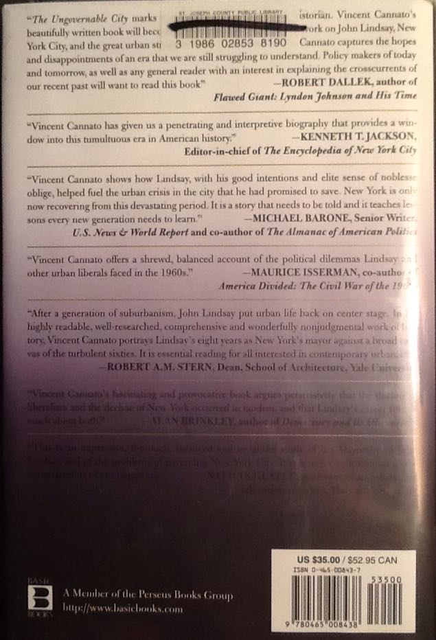 The Ungovernable City: John Lindsay and His Struggle to Save New York - Vincent J Cannato (Basic Books - Hardcover) book collectible [Barcode 9780465008438] - Main Image 2