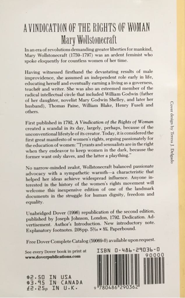A Vindication of the Rights of Woman (Dover Thrift Editions) - Mary Wollstonecraft (Dover Publications - Paperback) book collectible [Barcode 9780486290362] - Main Image 2