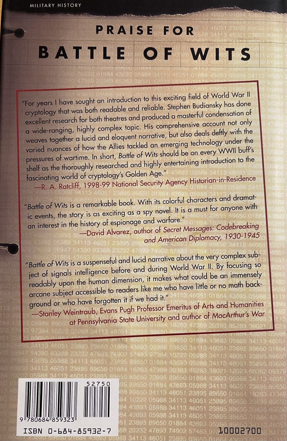 Battle of Wits - Stephen Budiansky (The Free Press - Hardcover) book collectible [Barcode 9780684859323] - Main Image 2