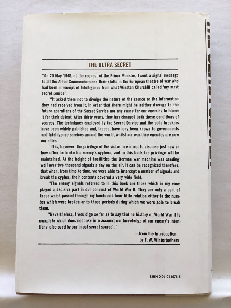 Ultra Secret, The - F.W. Winterbotham (HarperCollins - Hardcover) book collectible [Barcode 9780060146788] - Main Image 2