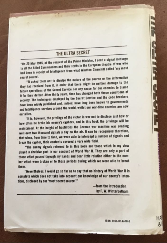 The Ultra Secret - F. W. Winterbotham (Harper & Row, Publishers - Hardcover) book collectible - Main Image 2