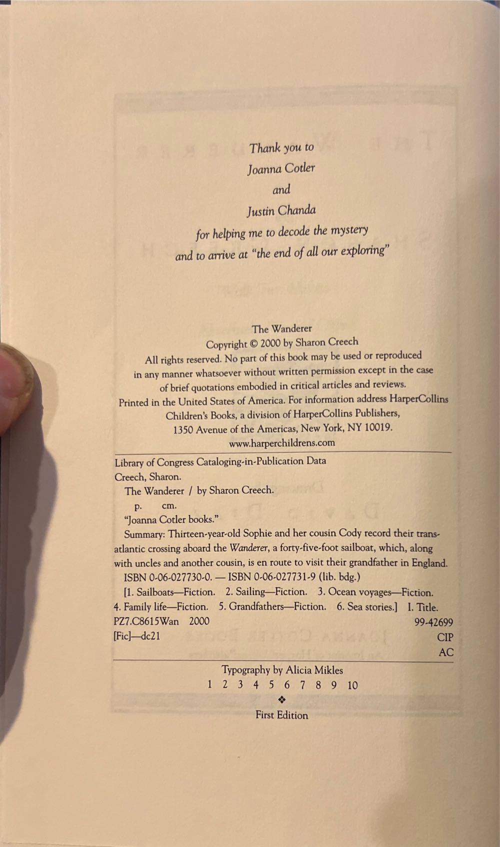 Wanderer, The - Sharon Creech (Joanna Cotler Books - Hardcover) book collectible [Barcode 9780060277314] - Main Image 3