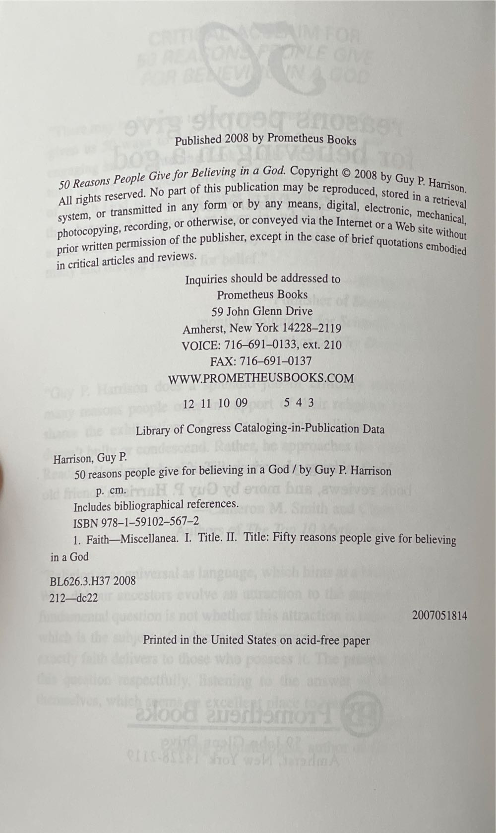 Fifty Reasons People Give For Believing On A God - Harrison, Guy (Prometheus Books - Paperback) book collectible [Barcode 9781591025672] - Main Image 2