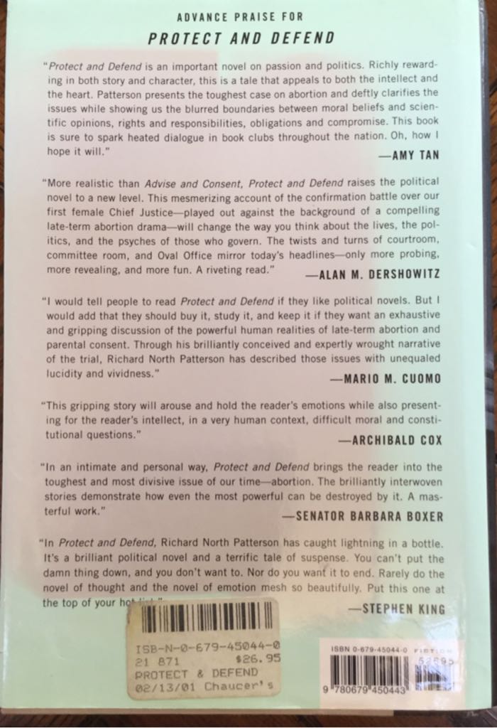 Protect And Defend - Richard North Patterson (Alfred A Knoff, Inc. - Hardcover) book collectible [Barcode 9780679450443] - Main Image 2
