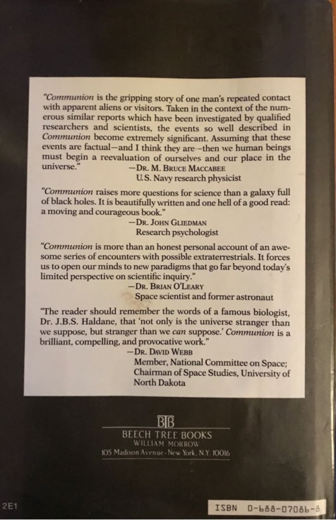 Communion - Whitley Strieber (Beech Tree Books - Hardcover) book collectible [Barcode 9780688070861] - Main Image 2