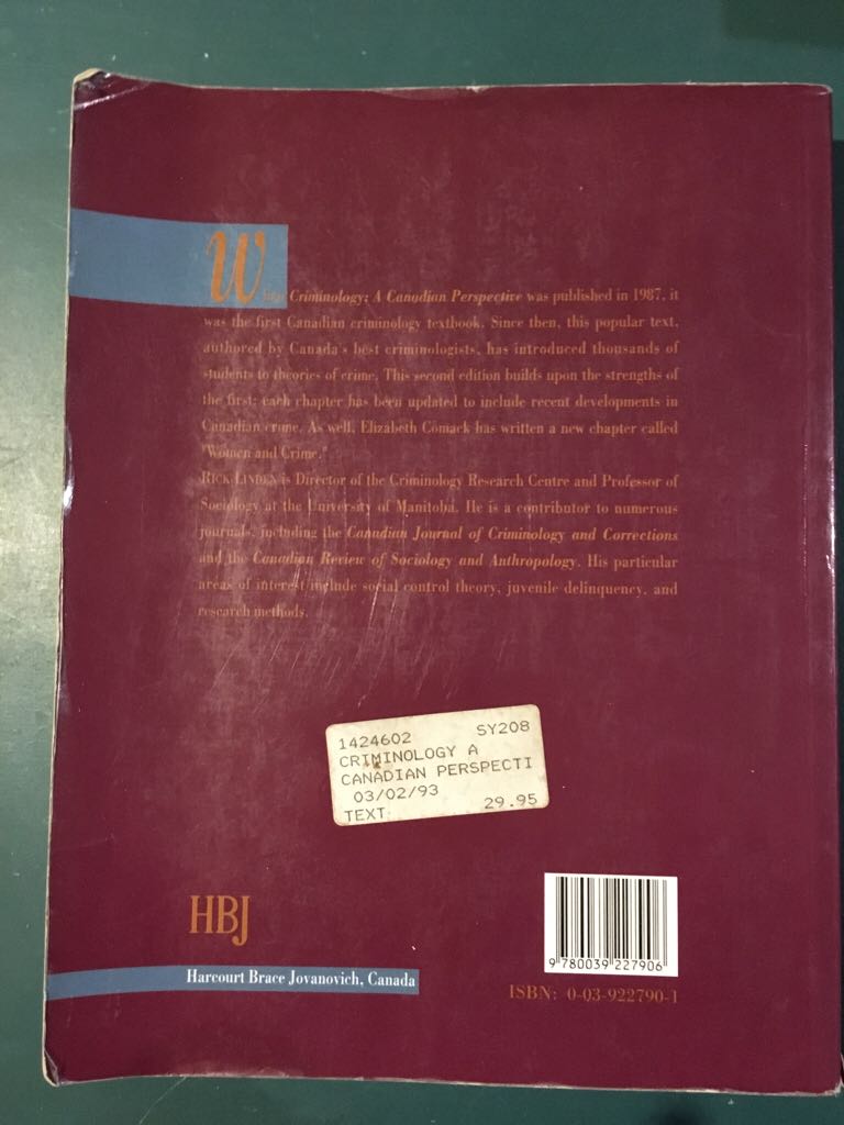 Criminology  (Harcourt Brace Jovanovich Canada - Paperback) book collectible [Barcode 9780039227906] - Main Image 2