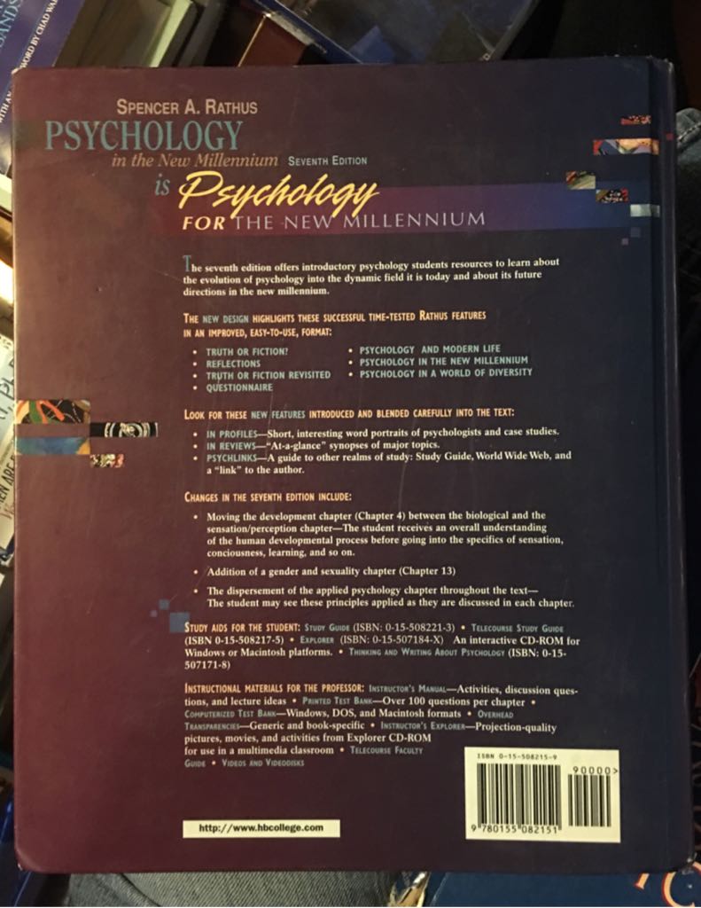 Psychology in the New Millennium - Spencer Rathus (Harcourt Brace College Publishers - Hardcover) book collectible [Barcode 9780155082151] - Main Image 2