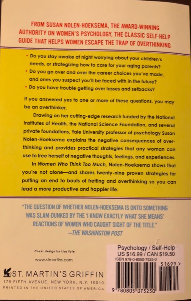 Women Who Think Too Much - PH.D. Susan Nolen-Hoeksema (Paperback) book collectible [Barcode 9780805075250] - Main Image 2