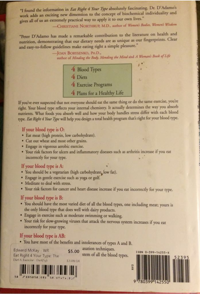 Eat Right for Your Type - Peter J. D’adamo (G.P. PUTNAM’s Sons - Hardcover) book collectible [Barcode 9780399142550] - Main Image 2