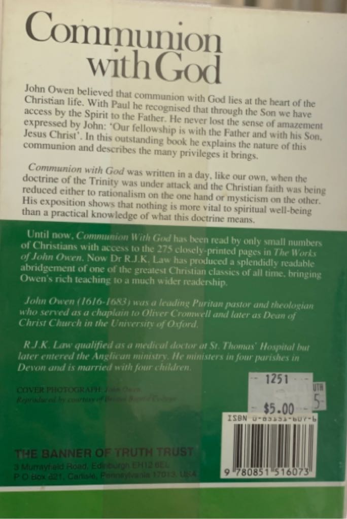 Communion With God (puritan Paperbacks: Treasures Of John Owen For Today’s Readers) - John Owen (Banner of Truth - Paperback) book collectible [Barcode 9780851516073] - Main Image 2