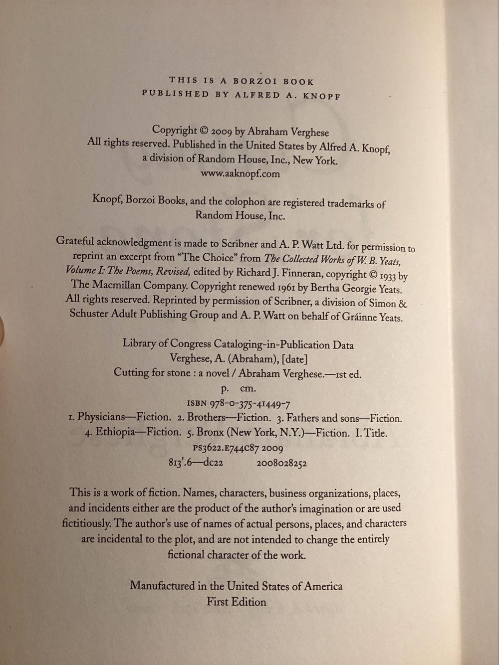 Cutting for Stone - Abraham Verghese (Random House, Inc. - Hardcover) book collectible [Barcode 9780375414497] - Main Image 2