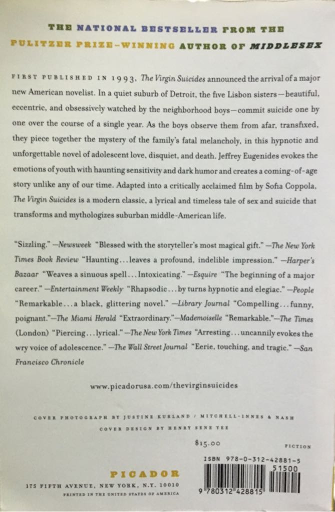 The Virgin Suicides - Jeffrey Eugenides (Picador USA - Paperback) book collectible [Barcode 9780312428815] - Main Image 2