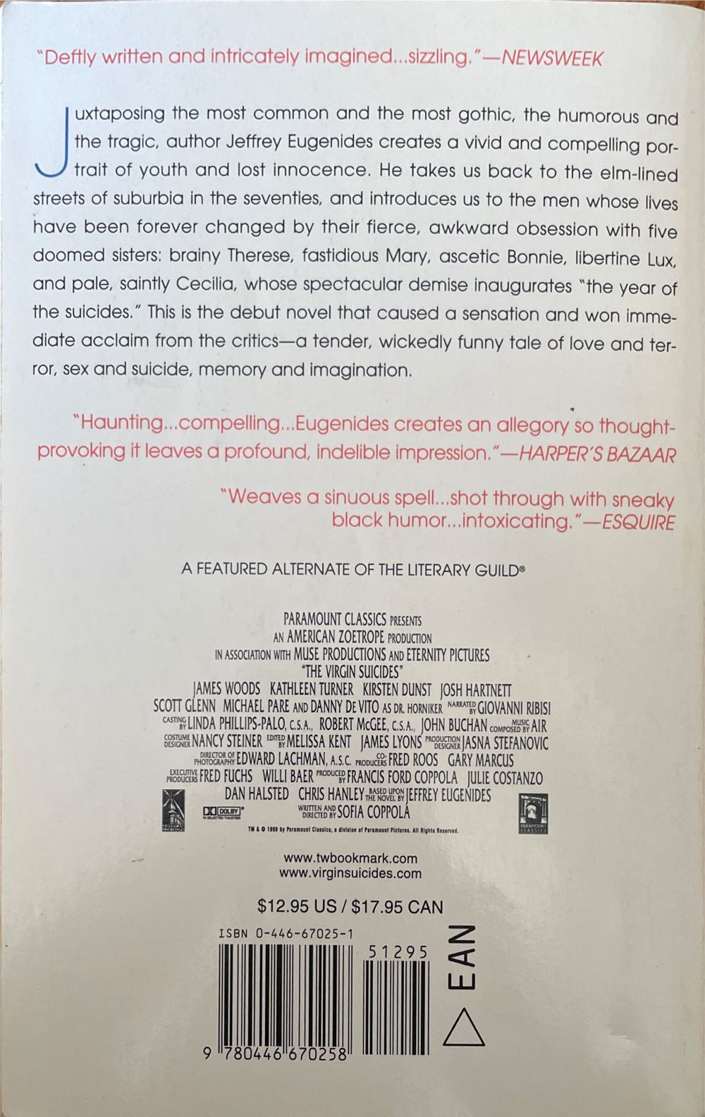 The Virgin Suicides - Jeffrey Eugenides (Warner Books - Paperback) book collectible [Barcode 9780446670258] - Main Image 2