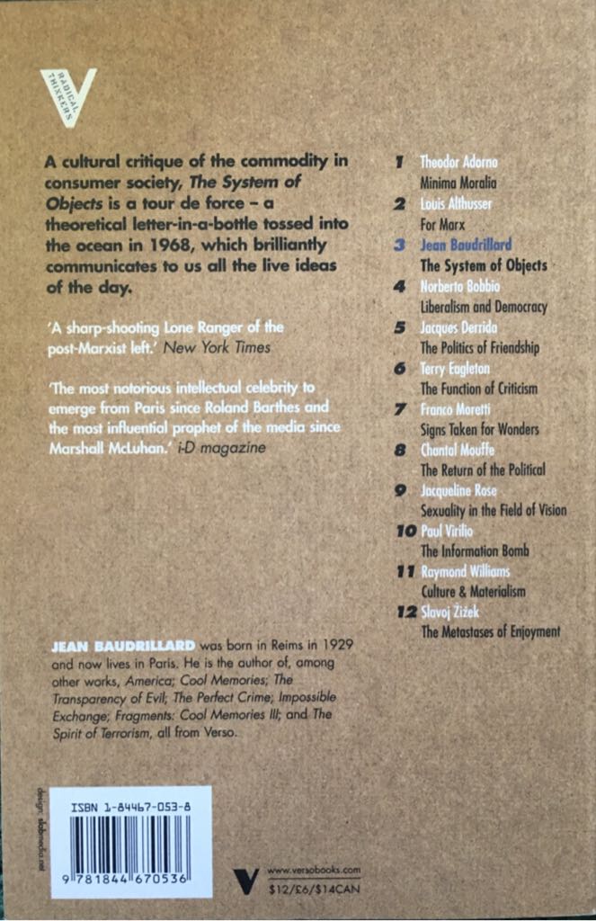 The System Of Objects - Jean Baudrillard (Verso Books - Paperback) book collectible [Barcode 9781844670536] - Main Image 2