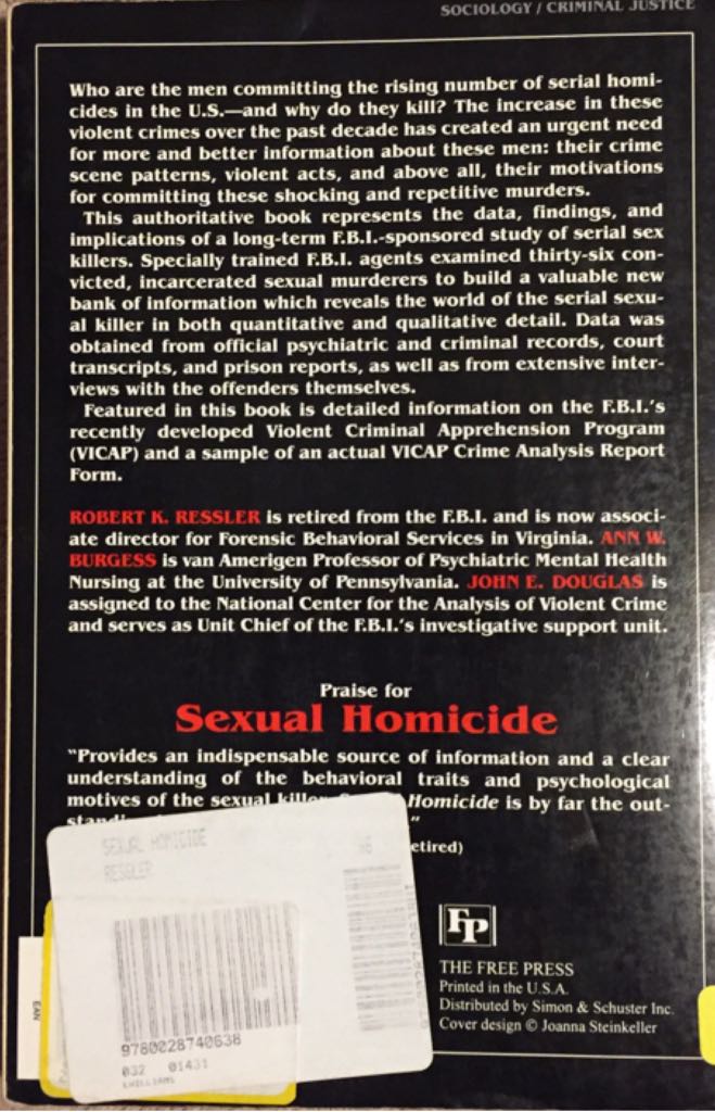 Sexual Homicide: Patterns and Motives - W. Burgess (The Free Press - Paperback) book collectible [Barcode 9780028740638] - Main Image 2