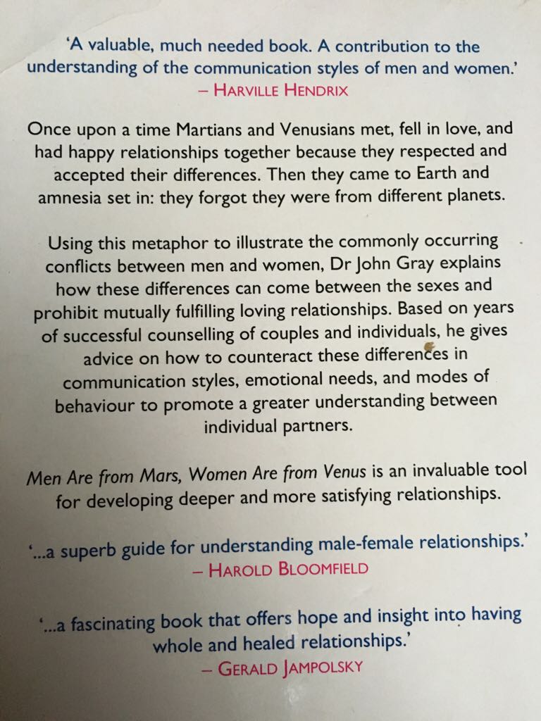 Men Are from Mars, Women Are from Venus: A Practical Guide for Improving Communication and Getting What You Want in Your Relationships - John Gray (Harpercollins Publishers Ltd - Paperback) book collectible [Barcode 9780722528402] - Main Image 2