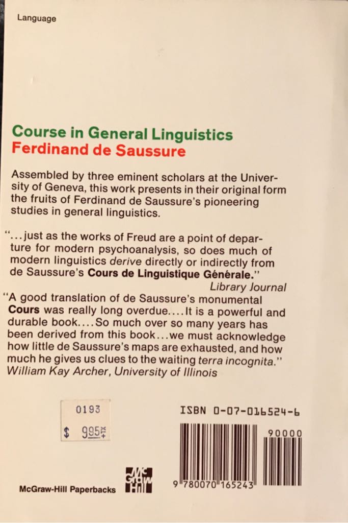 Course In General Linguistics - Ferdinand de Saussure (McGraw-Hill - Paperback) book collectible [Barcode 9780070165243] - Main Image 2
