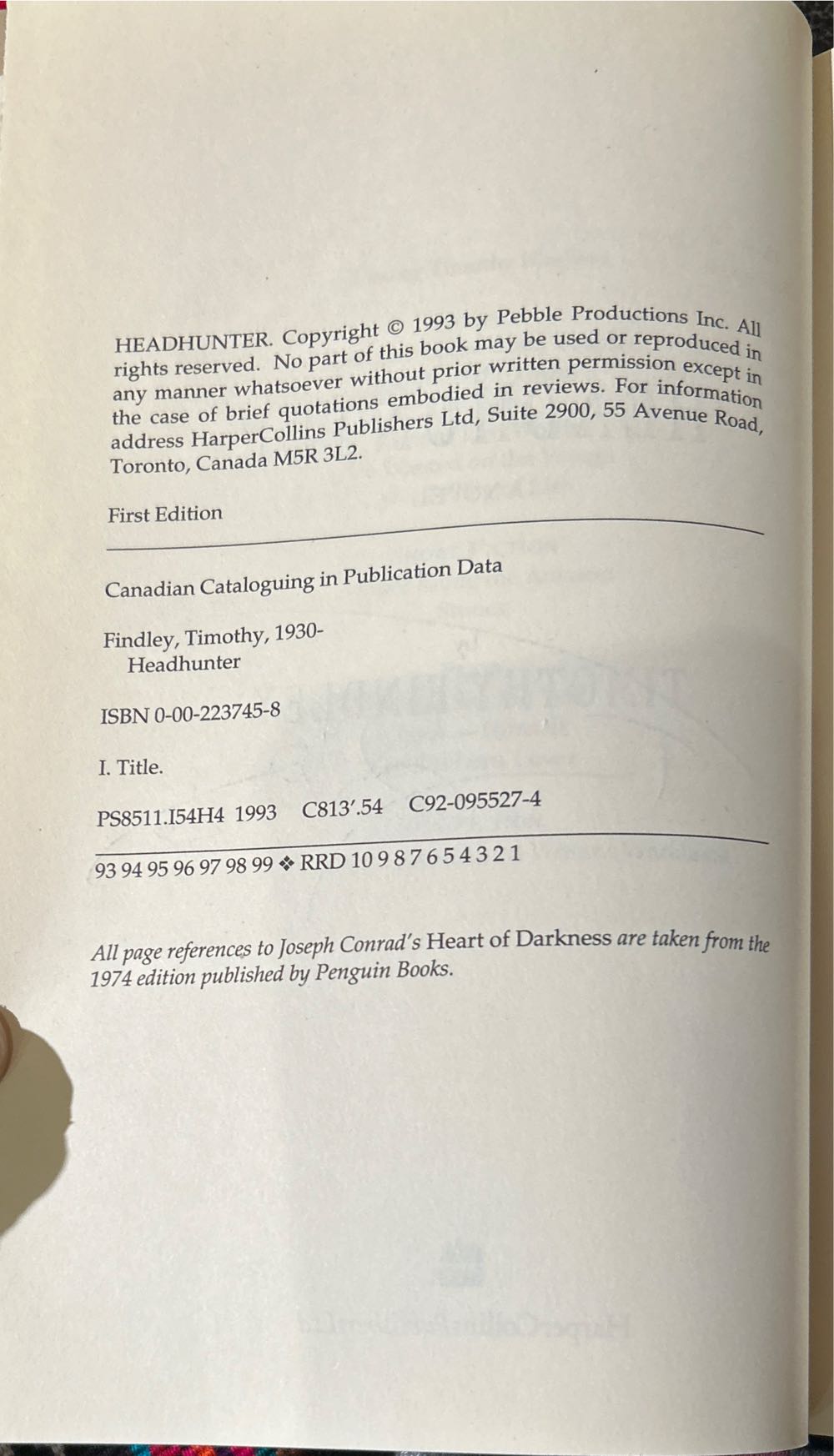 Headhunter - Timothy Findley (Harpercollins Publishers Ltd - Hardcover) book collectible [Barcode 9780002237451] - Main Image 3