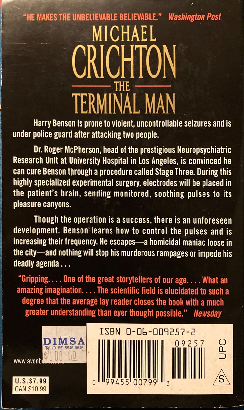 The Terminal Man - Michael Crichton (- Hardcover) book collectible [Barcode 9780060092573] - Main Image 2