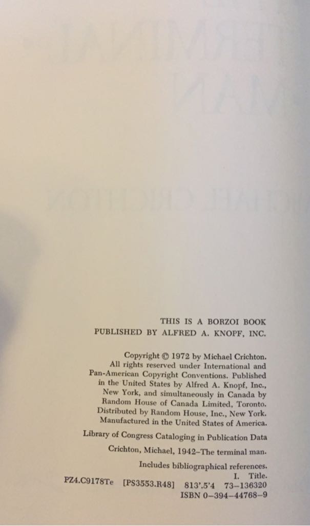 The Terminal Man ✅ - Michael Crichton (Alfred A. Knopf, Inc. - Hardcover) book collectible [Barcode 9780394447681] - Main Image 2