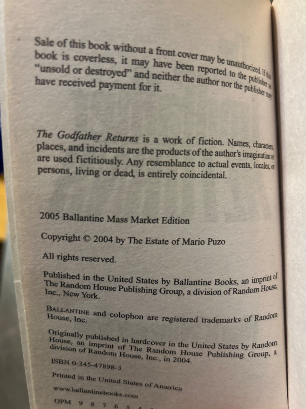 The Godfather Returns - Mark Winegardner (Ballantine Books - Paperback) book collectible [Barcode 9780345478986] - Main Image 2