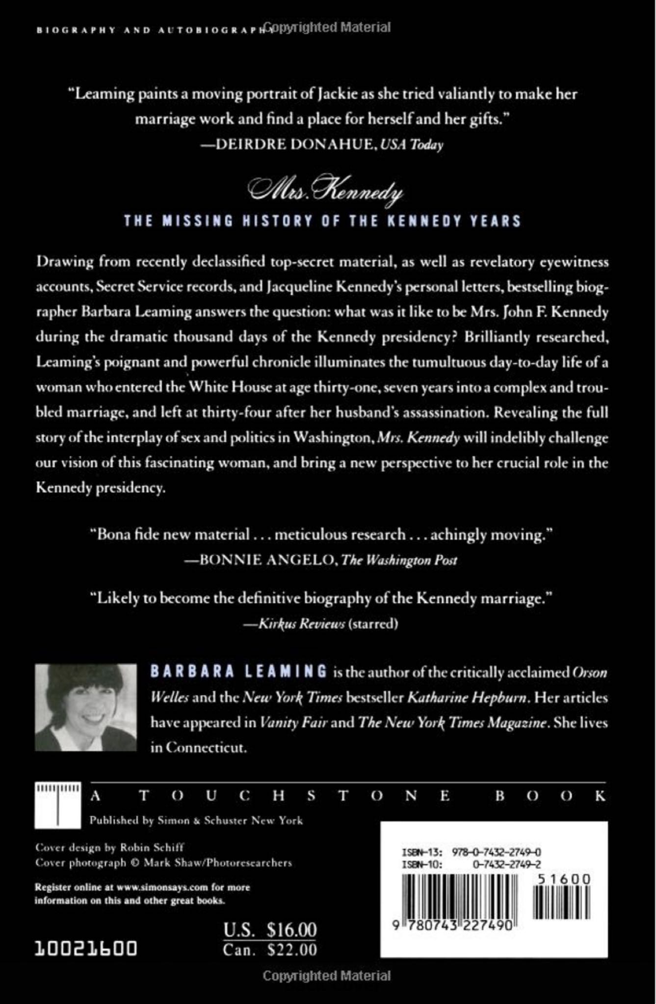 Mrs. Kennedy: The Missing History of the Kennedy Years - Kennedy Jackie (Barbara Leaming - Hardcover) book collectible [Barcode 9780684862095] - Main Image 2