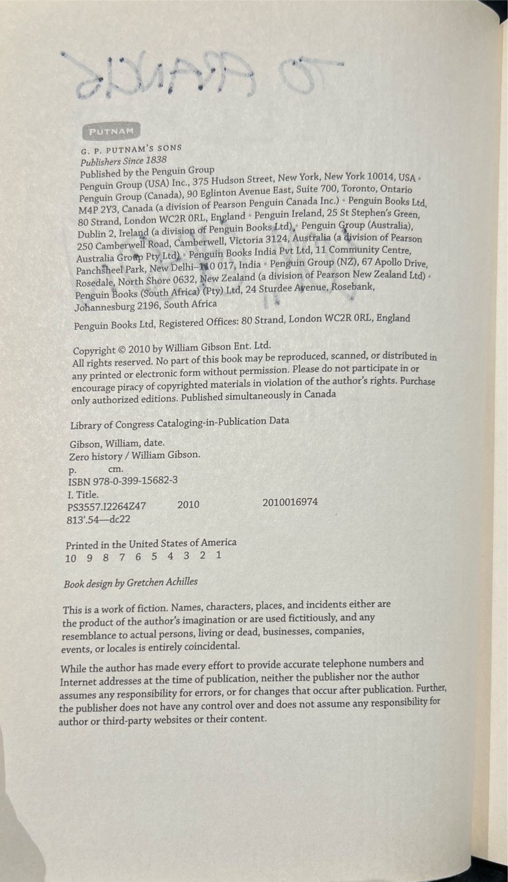 Zero History - William Gibson (Putnam - Hardcover) book collectible [Barcode 9780399156823] - Main Image 4