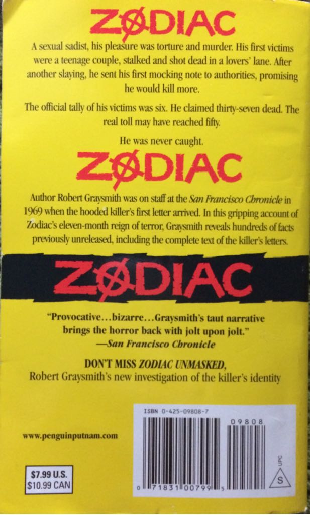 Zodiac - Robert Graysmith (Berkley Pub Group - Audiobook) book collectible [Barcode 9780425098080] - Main Image 2