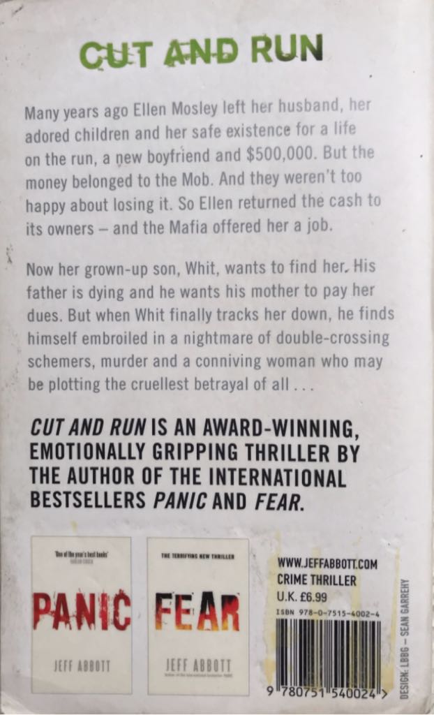 Cut and Run - Jeff Abbott (Onyx - Paperback) book collectible [Barcode 9780751540024] - Main Image 2