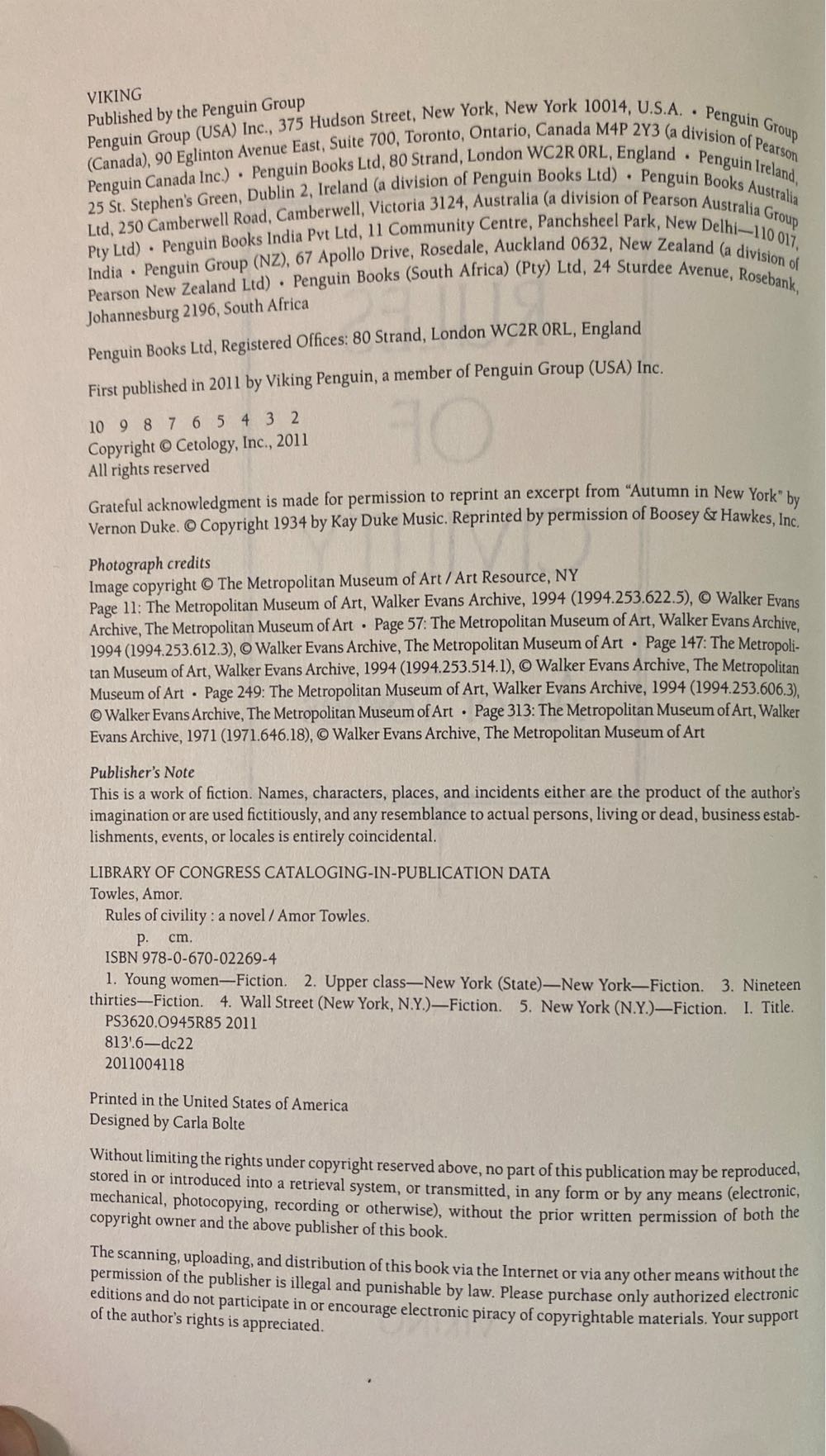 Rules Of Civility - Amor Towles (Viking - Hardcover) book collectible [Barcode 9780670022694] - Main Image 3