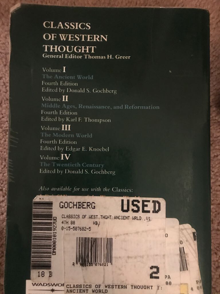 Classics of Western Thought, by Gochberg, 4th Edition, Volume 1: The - Thomas Greer (Wadsworth Thompson Learning - Paperback) book collectible [Barcode 9780155076822] - Main Image 2
