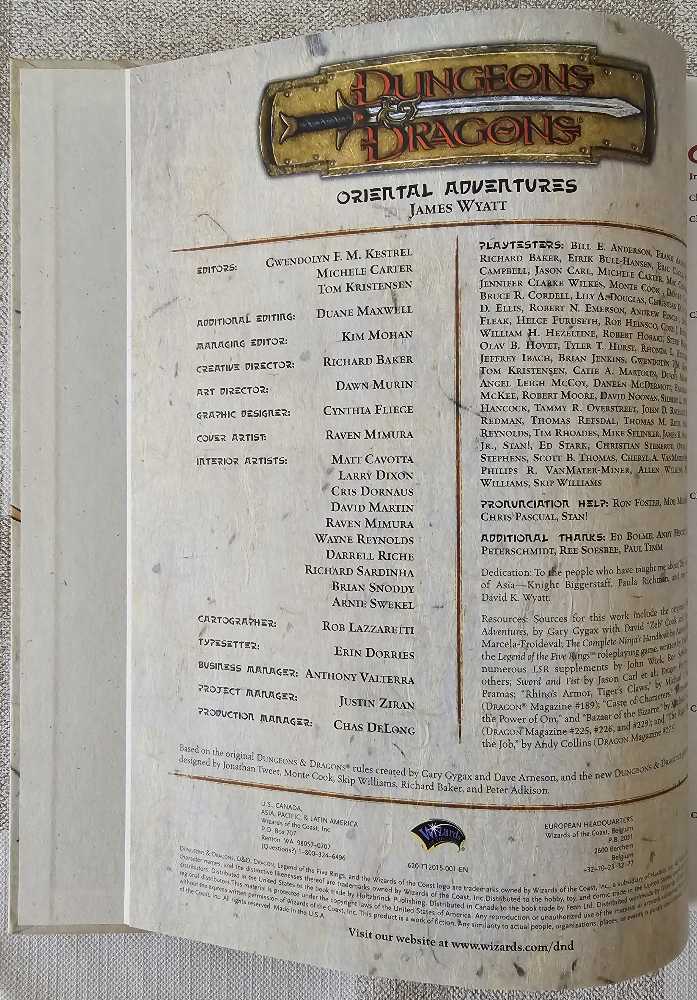 Oriental Adventures - D&D 3rd - James Wyatt (Wizards of the Coast, Inc. - Hardcover) book collectible [Barcode 9780786920150] - Main Image 3