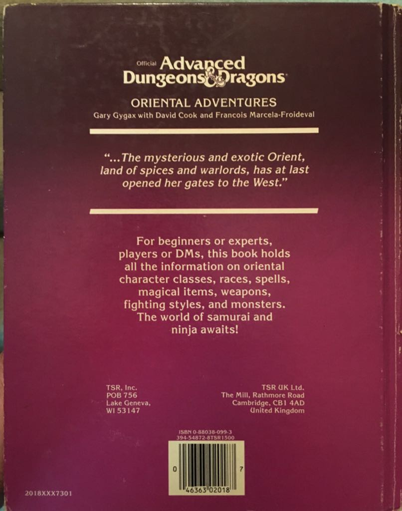 AD&D:: Oriental Adventures - Gary Gygax (TSR Hobbies, Inc - Hardcover) book collectible [Barcode 9780880380997] - Main Image 2