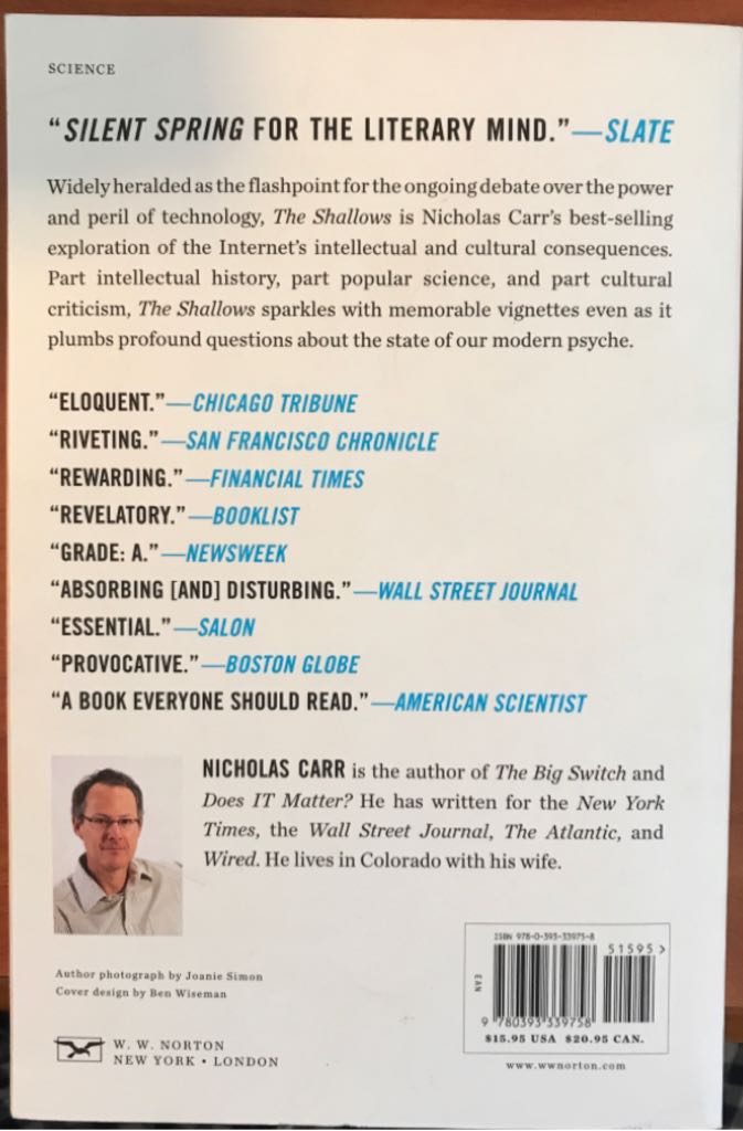 The Shallows - Nicholas  Carr (W. W. Norton & Company - Trade Paperback) book collectible [Barcode 9780393339758] - Main Image 2