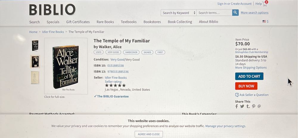 The Temple of My Familiar - Alice Walker (Harcourt - Hardcover) book collectible [Barcode 9780151885336] - Main Image 4