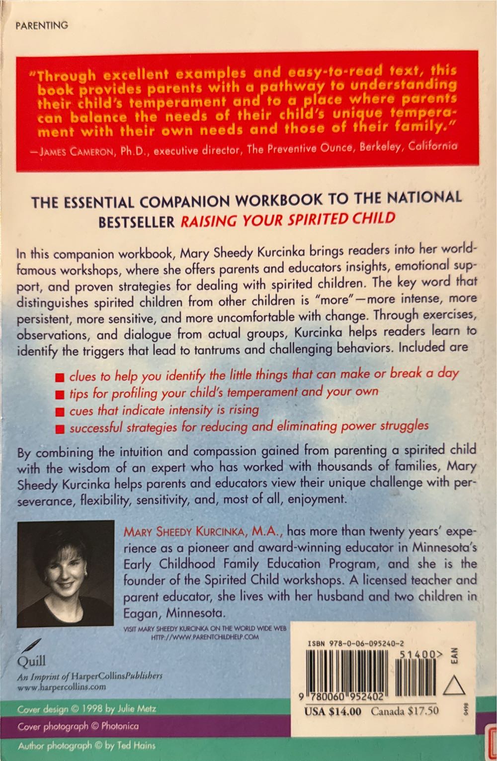 Raising Your Spirited Child Workbook - Mary Sheedy Kurcinka (Quill - Paperback) book collectible [Barcode 9780060952402] - Main Image 2