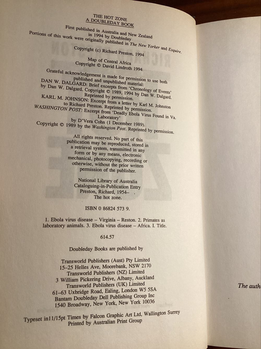 The Hot Zone - Richard Preston (Hardcover) book collectible [Barcode 9780868245737] - Main Image 2