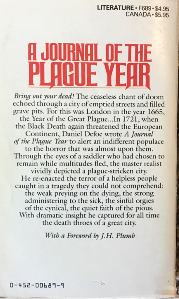 A Journal Of The Plague Year - Defoe, Daniel (Meridian Classics - Paperback) book collectible [Barcode 9780452006898] - Main Image 2