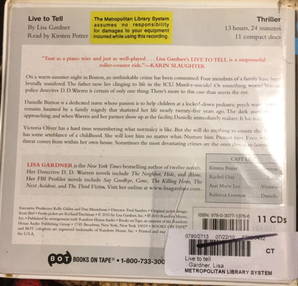Live To Tell - Lisa Gardner (Books On Tape) book collectible [Barcode 9780307713766] - Main Image 2
