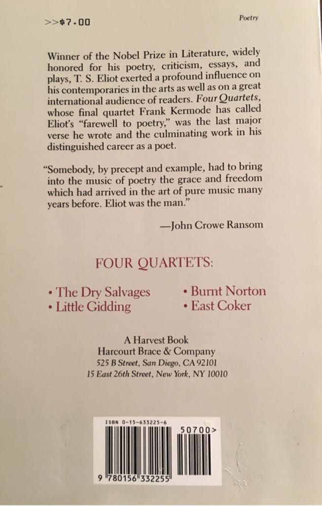 Four Quartets - T. S. Eliot (- Paperback) book collectible [Barcode 9780156332255] - Main Image 2