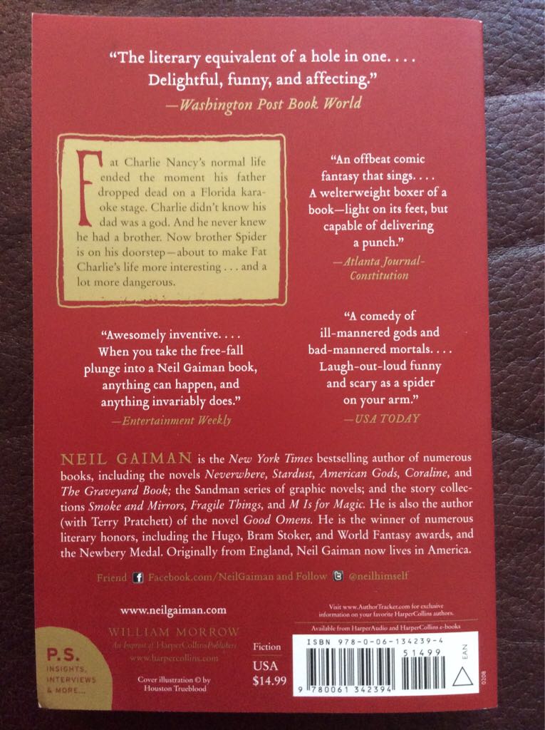 Anansi Boys - Neil Gaiman (William Morrow - Paperback) book collectible [Barcode 9780061342394] - Main Image 2