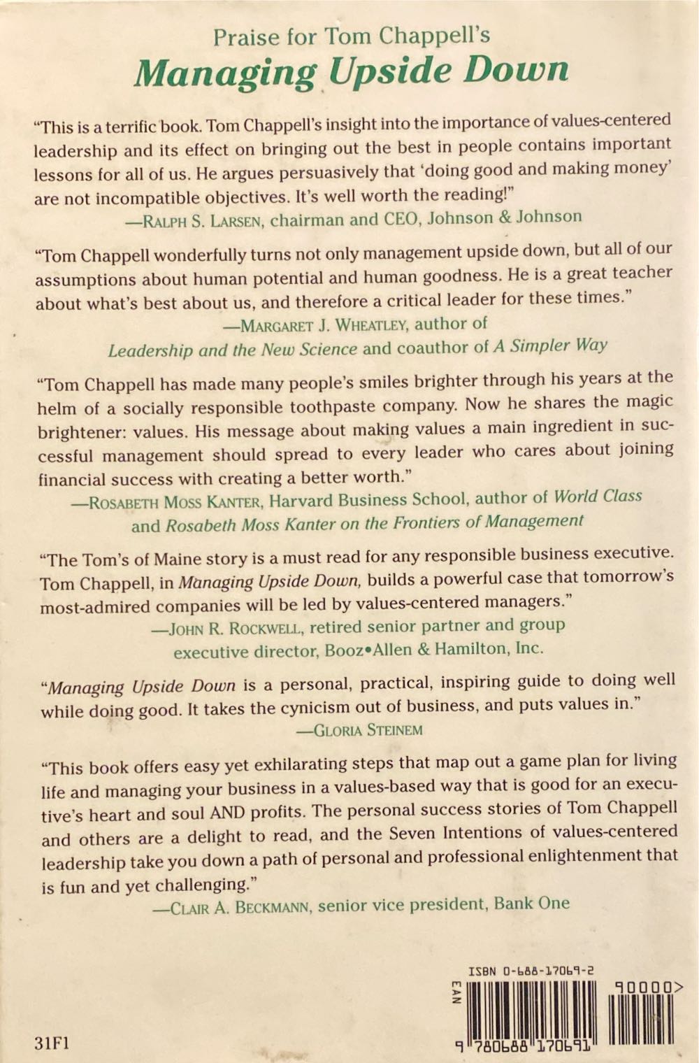 Managing Upside Down - Tom Chappell (William Morrow And Company, Inc. - Hardcover) book collectible [Barcode 9780688170691] - Main Image 2